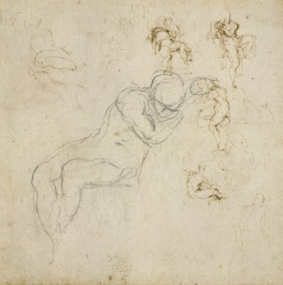 Figurenstudie, ca. 1511 (schwarze Kreide, Feder und Tinte auf Papier) von Michelangelo Buonarroti